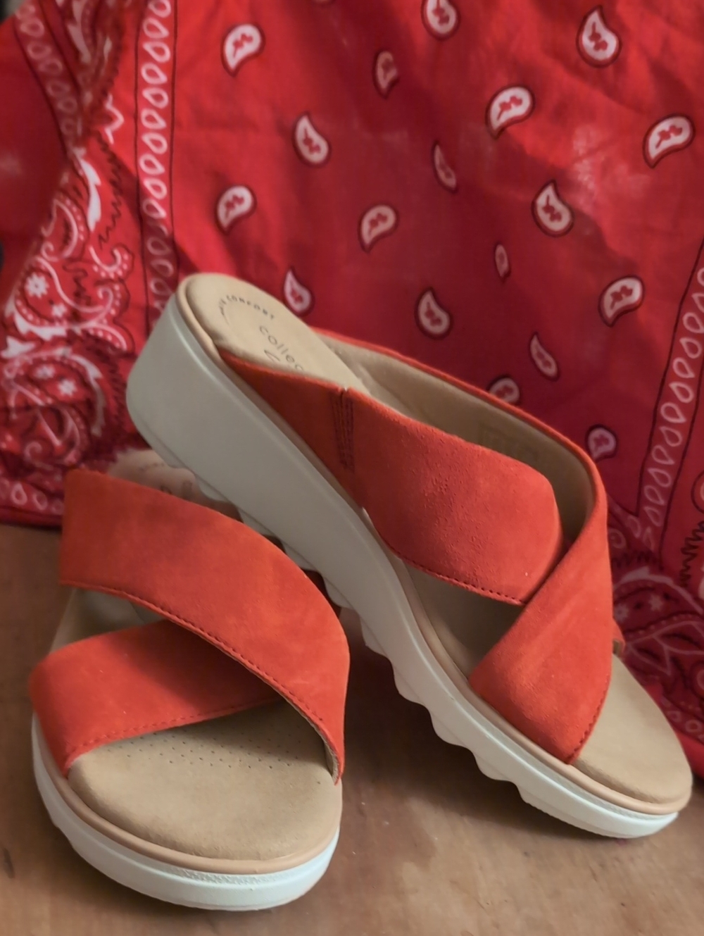 Clarks Orange Suede Crisscross Wedge Sandals